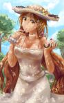  bangs bare_shoulders bleach blue_sky bow_choker breasts brown_eyes brown_hair brown_headwear cake choker cleavage cloud collarbone dress eating food happy_birthday hat highres holding holding_cake holding_food inoue_orihime kusugu large_breasts long_hair looking_at_viewer parted_bangs scrunchie sky smile sun_hat sundress tree utensil_in_mouth white_choker white_dress white_scrunchie wrist_scrunchie 