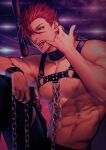  1boy abs alternate_costume bara bare_pectorals chain fate/grand_order fate_(series) finger_in_own_mouth hair_over_one_eye highres knee_up large_pectorals leather_(subculture) looking_at_viewer male_focus mori_nagayoshi_(fate) muscular muscular_male navel nipples pectorals ponytail red_hair sharp_teeth short_hair sideburns solo taippen teeth tongue tongue_out yellow_background 