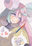 ... 1girl bow-shaped_hair character_hair_ornament hair_ornament iono_(pokemon) jacket long_hair magnemite multicolored_hair oversized_clothes pink_eyes pokemon pokemon_sv rotom rotom_phone sharp_teeth sleeves_past_fingers sleeves_past_wrists solo speech_bubble split-color_hair teeth two-tone_hair ume_(ume_445) very_long_sleeves x yellow_jacket 