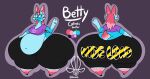  2021 3_fingers absurd_res accessory anthro artist_logo barefoot belly betty_(donag681) big_belly big_butt black_bottomwear black_clothing black_hooves black_pants blue_body blue_fur blush blush_lines bottomwear breasts butt butt_cleavage butt_focus catrobis caution_stripes character_name clothing color_swatch colored daebelly dated detailed_background digital_drawing_(artwork) digital_media_(artwork) english_text feet felid feline female fingers flower flower_accessory flower_hair_accessory flower_in_hair front_view fur giggle gloves_(marking) green_eyes grey_background grey_outline hair hair_accessory hi_res hooves huge_butt leg_markings logo long_hair looking_back mammal markings medium_breasts model_sheet obese obese_anthro obese_female outline overweight overweight_anthro overweight_female pants pawpads paws peace_symbol pink_pawpads plant pronouns purple_clothing purple_shirt purple_topwear rear_view red_ears red_flower red_hair red_tail shirt signature simple_background socks_(marking) solo species_name speech_bubble t-shirt tail text text_on_bottomwear text_on_clothing tight_bottomwear tight_clothing topwear translucent_speech_bubble twitter_handle two_tone_text underline unguligrade unguligrade_anthro wide_load 