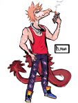  2023 anthro artist_name bottomwear claws clothing denim denim_clothing digital_drawing_(artwork) digital_media_(artwork) dinosaur dromaeosaurid drugs feathered_dinosaur feathered_tail feathers fingers footwear goodbye_volcano_high hair headphones headphones_around_neck jeans lighter long_tail looking_at_viewer male marijuana multicolored_body multicolored_scales orange_body orange_hair orange_scales pants pink_body pink_scales purple_eyes reed_(gvh) reptile rsmania5 scales scalie shirt shoes short_hair signature simple_background smile smoking_weed sneakers snoot_game snout solo tail tank_top theropod topwear torn_bottomwear torn_clothing torn_jeans torn_pants two_tone_body two_tone_scales velociraptor watermark white_background 