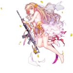  1girl :t alternate_hairstyle ankle_ribbon assault_rifle barefoot blue_eyes blush breasts bridal_veil bride brown_hair cleavage closed_mouth damaged dress flower fn_fnc fnc_(girls&#039;_frontline) fnc_(strawberry_cake_&amp;_garden_cosmos)_(girls&#039;_frontline) full_body girls&#039;_frontline gun hair_ornament high_heels holding holding_gun holding_weapon jewelry large_breasts leg_ribbon long_hair looking_at_viewer no_socks official_alternate_costume official_art oppai_loli petals pink_ribbon ribbon rifle ring shenbei_xiaoqiu shoes simple_background single_shoe solo toes transparent_background veil weapon wedding_dress wedding_ring white_dress white_footwear 