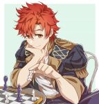  1boy board_game chair chess chess_piece chessboard commentary_request elbow_on_table fire_emblem fire_emblem:_three_houses garreg_mach_monastery_uniform head_on_hand holding_chess_piece looking_at_viewer male_focus mojakkoro orange_eyes orange_hair sitting smile solo sylvain_jose_gautier upper_body 