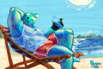  absurd_res beach beverage blue_body bottomwear bulge clothed clothing day epic_games fingerless_gloves fortnite fully_clothed gloves goo_creature goo_humanoid handwear hi_res holding_beverage holding_object humanoid looking_at_viewer male one_eye_closed open_mouth open_smile outside rippley_(fortnite) sand seaside shirt shorts sitting sky smile solo sugarovin sun swimming_trunks swimwear tank_top topwear water wink 