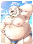  3:4 anthro bear belly blush bulge cigarette clothing eyebrows eyewear fur glasses grin hair hi_res itatuki_78 leib_(tas) lifewonders male mammal moobs navel nipples overweight polar_bear ponytail smile smoking solo speedo swimwear thick_eyebrows tokyo_afterschool_summoners ursine white_body white_fur 