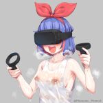  1girl :d bare_shoulders blue_hair blush breasts grey_background hairband head-mounted_display highres holding nipples omega_rei omega_sisters red_hair see-through short_hair simple_background smile solo sweat tank_top virtual_youtuber yoshiwa_tomo 