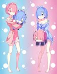  2girls bare_shoulders blue_eyes blue_hair blunt_bangs blush breasts cleavage frills hair_ornament hair_over_one_eye hair_ribbon highres hug koushin_ryo legs looking_at_viewer multiple_girls one_eye_covered pajamas pink_eyes pink_hair pink_ribbon ram_(re:zero) re:zero_kara_hajimeru_isekai_seikatsu rem_(re:zero) ribbon short_hair siblings simple_background sisters smile stuffed_toy toes twins x_hair_ornament 