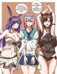  1boy 2girls :d absurdres animal_ears ansel_(arknights) ansel_(casual_vacation)_(arknights) arknights armpits arms_up belt bikini bikini_skirt black_bow black_choker black_one-piece_swimsuit blue_shorts bow breasts brown_background brown_hair cat_ears choker commentary grey_bikini grey_eyes grin hair_bow highres large_breasts long_hair long_sleeves looking_at_another multiple_girls navel one-piece_swimsuit open_mouth otoko_no_ko purple_hair rabbit_ears red_belt rope_(arknights) rope_(summer_flowers)_(arknights) shirt short_shorts shorts skyfire_(arknights) skyfire_(temperature_difference)_(arknights) smile stomach strapless strapless_bikini swimsuit symmetricturd thighs very_long_hair visor_cap white_shirt yellow_eyes 