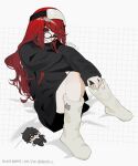  1girl amamiya_ren black_sweater btmr_game character_doll full_body glasses highres long_hair long_sleeves looking_at_viewer mask mask_on_head persona persona_5 persona_5_the_royal red_eyes red_hair simple_background sitting sleep_mask socks solo sweater turtleneck turtleneck_sweater yoshizawa_sumire 