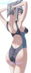  1girl absurdres animal_ear_fluff animal_ears back bare_arms bare_shoulders blue_archive blue_eyes breasts bright_pupils closed_mouth competition_swimsuit cross_hair_ornament from_side grey_background grey_hair hair_ornament hair_pulled_back halo highleg highleg_swimsuit highres katagirinanoka looking_at_viewer medium_breasts medium_hair official_alternate_costume one-piece_swimsuit shiroko_(blue_archive) shiroko_(swimsuit)_(blue_archive) simple_background solo swimsuit thighs two-tone_swimsuit white_pupils wolf_ears 