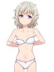  1girl areola_slip arms_behind_back bra breasts closed_mouth collarbone cowboy_shot grey_hair high_school_fleet highres medium_hair navel panties purple_eyes simple_background small_breasts solo strap_slip tateishi_shima underwear underwear_only undressing white_background white_bra white_panties yotubeya 