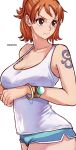  1girl aosora2823 armpit_crease artist_name blue_shorts blush bracelet breasts brown_eyes cleavage commentary_request half_updo highres jewelry large_breasts nami_(one_piece) one_piece orange_hair shirt short_hair short_shorts shorts simple_background sleeveless sleeveless_shirt solo tattoo white_background white_shirt 