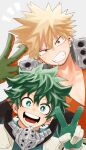  2boys bakugou_katsuki blonde_hair boku_no_hero_academia bright_pupils clenched_teeth collarbone commentary freckles gloves green_eyes green_gloves green_hair grey_background highres hkt26as looking_at_viewer male_focus midoriya_izuku multiple_boys open_mouth red_eyes short_hair simple_background smile spiked_hair teeth upper_body v white_pupils 