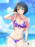 1girl beach bikini black_hair blue_sky blurry blurry_background blush breasts cleavage closed_mouth cloud collarbone contrapposto cowboy_shot day dot_nose floral_print front-tie_bikini_top front-tie_top hand_up highres horizon idolmaster idolmaster_cinderella_girls idolmaster_cinderella_girls_starlight_stage large_breasts lens_flare looking_at_viewer multiple_bracelets navel ocean pink_shirt print_bikini purple_bikini seven_two_one shirt shirt_hold short_hair short_sleeves side-tie_bikini_bottom sky smile solo standing swimsuit takafuji_kako yellow_eyes 