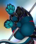  ambiguous_gender anthro big_butt blue_paws butt claws clothed clothing dragon half_body hi_res latex latex_clothing paws pole rexwind scalie simple_background solo tail 
