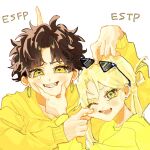  1boy 1girl black_hair blonde_hair cheek_pinching earrings glint hair_behind_ear highres hoop_earrings jewelry long_sleeves looking_at_viewer michi0ru myers-briggs_type_indicator original parted_lips pinching shirt smile sunglasses upper_body white_background yellow_eyes yellow_shirt yellow_theme 