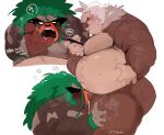  2023 2d_(artwork) anthro ape belly bodily_fluids brown_body butt cellphone cum cum_in_mouth cum_inside duo eyes_closed fellatio fur generation_3_pokemon generation_8_pokemon genital_fluids genitals gorilla green_hair hair haplorhine hi_res hyaku_(artist) japanese_text kneeling_oral_position leaf leaf_hair male male/male male_penetrated male_penetrating male_penetrating_male mammal multicolored_body multicolored_fur musclegut muscular muscular_anthro muscular_male nintendo nude open_mouth oral oral_penetration overweight overweight_anthro overweight_male penetration penile penis phone pilosan plant plant_hair pokemon pokemon_(species) pov_blowjob primate pseudo_hair recording red_eyes rillaboom saliva sex simple_background slaking sloth smartphone smiling_at_partner standing standing_sex text two_tone_body two_tone_fur vein veiny_penis white_background xenarthran 