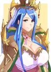  1girl absurdres blue_eyes blue_hair breasts closed_mouth clothing_cutout crown fire_emblem fire_emblem_engage hair_ornament highres large_breasts light_smile long_hair lumera_(fire_emblem) simple_background solo to_(tototo_tk) upper_body 