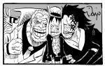  3boys beard black_hair cheek-to-cheek crossed_arms epaulettes facial_hair facial_tattoo father_and_son grandfather_and_grandson hat heads_together male_focus medium_hair monkey_d._garp monkey_d._luffy monkey_d_dragon multiple_boys mustache nishiponi oda_eiichirou_(style) one_piece open_clothes open_mouth scar scar_on_face short_hair smile straw_hat tattoo teeth thumbs_up traditional_media white_hair 