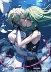  2girls aquilar blonde_hair genshin_impact green_hair hair_ornament hand_on_another&#039;s_cheek hand_on_another&#039;s_face highres hug kiss kuki_shinobu long_hair lumine_(genshin_impact) multiple_girls nail short_hair yuri 