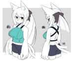  1girl animal_ears ass back backless_shirt black_bow black_shorts body_fur border bow breasts cat_ears cat_girl cat_tail closed_mouth furry furry_female green_shirt grey_background hair_bow large_breasts long_hair looking_at_viewer mawaru_(mawaru) multiple_tails multiple_views original ponytail shirt shorts smile suzubi_(mawaru) tail white_border white_hair yellow_eyes 