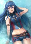  1girl :d :p armlet bikini blue_bikini blue_eyes blue_hair blue_shorts cowboy_shot crop_top fire_emblem fire_emblem_awakening fire_emblem_cipher from_above hair_between_eyes hand_in_own_hair highres labebebe_lee long_hair lucina_(fire_emblem) lying midriff navel official_alternate_costume on_back open_mouth short_shorts shorts sleeveless smile solo stomach swimsuit thigh_gap tiara tongue tongue_out very_long_hair 