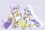  2girls alternate_costume bare_shoulders blue_eyes bouquet breasts bridal_veil bride dress fire_emblem fire_emblem:_genealogy_of_the_holy_war fire_emblem:_thracia_776 flower gloves holding holding_bouquet julia_(fire_emblem) long_hair multiple_girls purple_eyes purple_hair sara_(fire_emblem) veil very_long_hair white_dress yellow_flower yukia_(firstaid0) 