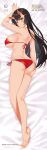  1girl ass barefoot bed_sheet bikini black_hair blush breasts dakimakura_(medium) enjo_kouhai halterneck highres horns huge_breasts long_hair looking_at_viewer lying non-web_source oni oni_horns orange_eyes origamine_ouka red_bikini side-tie_bikini_bottom soles solo swimsuit takunomi 