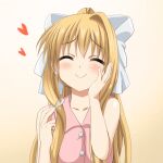  1girl ^_^ air_(visual_novel) blonde_hair blush bow closed_eyes closed_mouth commentary_request dogu_illust facing_viewer gradient_background hair_bow hand_on_own_cheek hand_on_own_face hands_up happy heart holding holding_spoon kamio_misuzu long_hair pink_shirt shirt sidelocks simple_background single_hair_intake sleeveless sleeveless_shirt smile solo spoon straight_hair upper_body very_long_hair white_background white_bow yellow_background 