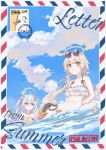  2girls absurdres azusa_(blue_archive) azusa_(swimsuit)_(blue_archive) bikini blue_archive blue_sky blunt_bangs blush bow brown_eyes brown_hair closed_mouth cloud cloudy_sky collarbone comiket_102 cover cover_page dot_nose eyewear_on_head frilled_bikini frills fuyunoyuki hair_bow hair_tie halo hifumi_(blue_archive) hifumi_(swimsuit)_(blue_archive) highres innertube jewelry looking_at_another looking_at_viewer low_twintails multiple_girls necklace ocean one_side_up partially_submerged peroro_(blue_archive) pink_bow postage_stamp purple_eyes round_eyewear sidelocks sky smile stomach sunglasses swimsuit twintails upper_body v-shaped_eyebrows water white_bikini white_hair 