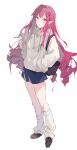  1girl absurdres bag baobhan_sith_(fate) blush cernunnos_(fate) drawstring fate/grand_order fate_(series) full_body grey_eyes hair_ornament hand_in_pocket highres holding hood hood_down hoodie leg_warmers loafers long_hair looking_at_viewer miniskirt nail_polish pink_hair pointy_ears red_nails sai_(saipoko) shoes shoulder_bag sidelocks skirt solo stuffed_toy white_background white_hoodie 