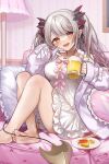  1girl :d alcohol barefoot beer beer_mug bow breasts brown_eyes chopsticks cleavage cup demon_tail food grey_hair hair_ornament highres holding holding_cup indie_virtual_youtuber jacket jewelry lamp mug multicolored_hair necklace on_bed pillow pink_bow plate pointy_ears sake_(utopia_modoki) sitting sleeves_past_wrists smile solo streaked_hair suou_patra tail twintails v 