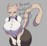  anthro big_breasts blush breast_squish breasts clothing dialogue domestic_cat dress_shirt english_text felid feline felis female gwen_geek hi_res huge_breasts looking_at_viewer mammal open_mouth shirt solo solratic squish talking_to_viewer text thick_thighs topwear wide_hips yui_nakamura 