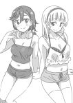  2girls arm_up bangs bare_arms bare_legs bare_shoulders blunt_bangs blush bra breasts camisole closed_mouth collarbone commentary frilled_camisole frills greyscale hair_between_eyes hairband headphones headphones_around_neck heanna_sumire holding holding_headphones large_breasts long_hair looking_at_another love_live! love_live!_superstar!! marugoshi_teppei medium_breasts medium_hair midriff monochrome multiple_girls navel no_bra shibuya_kanon short_shorts shorts sitting smile spaghetti_strap strap_slip striped striped_bra thighhighs underwear white_background zettai_ryouiki 