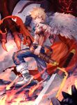  1boy 2nd_popularity_poll_(boku_no_hero_academia) alternate_universe bakugou_katsuki belt birthday blonde_hair blue_pants blurry boku_no_hero_academia boots brown_belt cape closed_mouth clothing_request commentary cropped dragon fanny_pack fantasy fire floating_cape from_behind full_body fur-trimmed_boots fur-trimmed_cape fur_trim greatsword grey_footwear hand_on_hilt hand_up highres holding holding_cape holding_clothes knee_pads looking_at_viewer looking_back male_focus milmil_(wa_ten&#039;nendesu) no_shirt official_alternate_costume out_of_frame outdoors pants planted planted_sword red_cape red_eyes rock sanpaku sheath sheathed short_hair short_sword sideways_mouth smoke solo spiked_hair standing stepping sword tooth_earrings torn_cape torn_clothes triangle_print weapon wide-eyed 