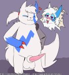  &lt;3 &lt;3_eyes 2021 ambiguous_gender animal_genitalia animal_penis anthro balls big_tail biped black_nose blue_markings blush blush_lines bodily_fluids clawed_fingers dripping duo erection fluffy fluffy_tail fuf generation_3_pokemon genital_fluids genitals hair hands_on_own_hips hi_res looking_at_another male markings nintendo nude one_eye_closed open_mouth penis pokemon pokemon_(species) ponytail precum precum_drip simple_background smile standing tail teeth tongue white_body wink zangoose 