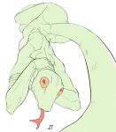  2023 anthro breasts butt colored_sketch female forked_tongue full-length_portrait green_body green_scales hand_behind_neck hi_res lakeslug looking_at_viewer lying non-mammal_breasts nude on_front portrait reptile scales scalie simple_background sketch snake solo tongue white_background 