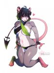  &lt;3 anthro black_hair breasts clothed clothing didelphid female fur green_hair grey_body grey_fur hair hi_res highlights_(coloring) kneeling lingerie mammal marsupial open_mouth pandora_(captainyumyums) plna simple_background skimpy solo spade_tail tail undressing white_background white_body white_fur 