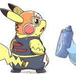  2023 ambiguous_gender bottle clothing container cosplay_pikachu_(costume) dipstick_ears duo generation_1_pokemon hi_res mask multicolored_ears nintendo open_mouth pikachu pikachu_libre pokemon pokemon_(species) semi-anthro simple_background solo_focus tatu_wani_(artist) water_bottle yellow_body 