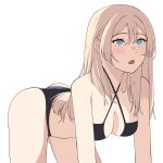  1girl :o absurdres an-94_(girls&#039;_frontline) ass bare_shoulders bent_over bikini black_bikini black_hairband blonde_hair blue_eyes blush breasts collarbone criss-cross_halter girls&#039;_frontline hairband halterneck hanging_breasts highres kavni long_hair medium_breasts open_mouth simple_background sling_bikini_top solo swimsuit white_background 