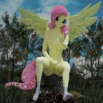  anthro background_shot clothing depth_of_field dizellfest feet female fluttershy_(mlp) footwear forest forest_background friendship_is_magic hasbro hi_res my_little_pony nature nature_background plant socks solo tree 