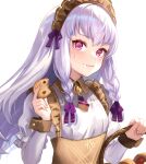  1girl basket blush commentary_request cookie dress eating fire_emblem fire_emblem:_three_houses fire_emblem_heroes food food_on_face highres holding holding_basket holding_food juliet_sleeves jurge long_hair long_sleeves looking_at_viewer lysithea_von_ordelia lysithea_von_ordelia_(tea_party) maid_headdress official_alternate_costume official_alternate_hairstyle picnic_basket pink_eyes puffy_sleeves simple_background solo white_background white_dress white_hair 