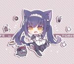  1girl :d alternate_costume animal_ears apron black_dress black_hair black_ribbon black_thighhighs blush_stickers brown_background cat cat_ears cat_girl cat_tail chibi clothes_lift commentary_request dress dress_lift enmaided frilled_dress frills hair_between_eyes hair_ornament kushima_kamome lifted_by_self long_hair looking_at_animal low_twintails maid maid_apron maid_headdress notice_lines open_mouth puffy_short_sleeves puffy_sleeves ribbon short_sleeves sidelocks smile solo standing standing_on_one_leg striped striped_background summer_pockets tail thighhighs twintails very_long_hair white_apron x_hair_ornament yellow_eyes yutori_z71 