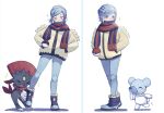  ! +++ 1boy blue_eyes blue_hair boots commentary_request cubchoo grusha_(pokemon) hands_in_pockets highres jacket looking_down male_focus mocacoffee_1001 notice_lines pants poke_ball_print pokemon pokemon_(creature) pokemon_(game) pokemon_sv scarf signature striped striped_scarf weavile white_background yellow_jacket 