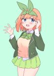  1girl :d aqua_background blue_eyes blush bow breasts collared_shirt commentary eyebrows_hidden_by_hair go-toubun_no_hanayome green_bow green_jacket green_ribbon green_skirt hands_up jacket kujou_karasuma long_sleeves looking_at_viewer medium_breasts nakano_yotsuba open_clothes open_jacket orange_hair pleated_skirt ribbon shirt simple_background skirt smile solo sweater_vest white_shirt 