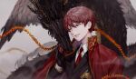  1boy animalization black_gloves black_jacket carol0905 coat collared_shirt dragon dragon_horns eastern_dragon gloves gold_trim highres horns jacket library_of_ruina lowell_(library_of_ruina) necktie parted_lips project_moon red_coat red_eyes red_hair red_necktie shirt solo tie_clip upper_body white_shirt xiao_(library_of_ruina) 