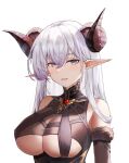  absurdres albion_(azur_lane) albion_(silvermoon_faerie_princess)_(azur_lane) ar-gand azur_lane bare_shoulders breasts clothing_cutout curled_horns demon_horns fur_trim gem hair_between_eyes heart-shaped_gem highres horns large_breasts light_purple_hair looking_at_viewer official_alternate_costume pointy_ears purple_eyes red_gemstone simple_background underboob underboob_cutout upper_body white_background 