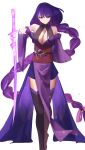  1girl absurdly_long_hair absurdres braid braided_ponytail breasts cleavage expressionless full_body genshin_impact highres japanese_clothes katagirinanoka long_hair looking_at_viewer purple_eyes purple_hair purple_skirt raiden_shogun skirt solo very_long_hair weapon 