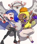  2girls :d ass ass_visible_through_thighs bandages big_man_(splatoon) black_footwear black_pants blonde_hair blue_hair chest_sarashi clenched_hands commentary_request dark_skin fangs frye_(splatoon) gonzarez grey_background highres holding leggings looking_at_viewer manta_ray midriff multiple_girls navel open_mouth pants red_eyes sarashi shawl shirt shiver_(splatoon) shoes short_hair simple_background sleeveless sleeveless_shirt smile splatoon_(series) splatoon_3 stomach strapless thighs tongue tongue_out tube_top white_pants yellow_eyes yellow_shirt 