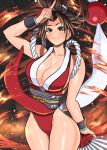  1girl akisu_k bare_shoulders breasts brown_eyes brown_hair cleavage commentary_request fatal_fury fire folding_fan hand_fan high_ponytail japanese_clothes large_breasts long_hair looking_at_viewer ninja pelvic_curtain ponytail revealing_clothes shiranui_mai smile solo the_king_of_fighters thighs 